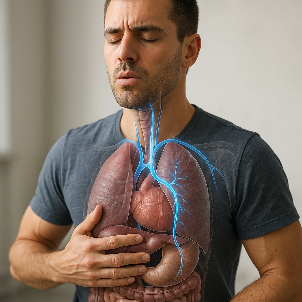 realistic 4K image of a man improving his vagus nerve through breathing protocols, anatomical details, highlighted vagus nerve path with blue glowing effect, man in deep breathing position, transparency on internal organs, clinical atmosphere, neutral background emoji