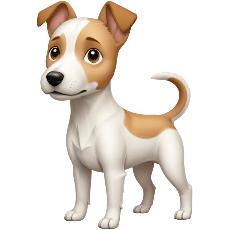 a full body facing front on of a buff white parson russell terrier looking dog the size of a kelpie with light brown long ears resting on its face and a light brown patch on one eye and a large snout. the rest of the dog is completely white.  emoji