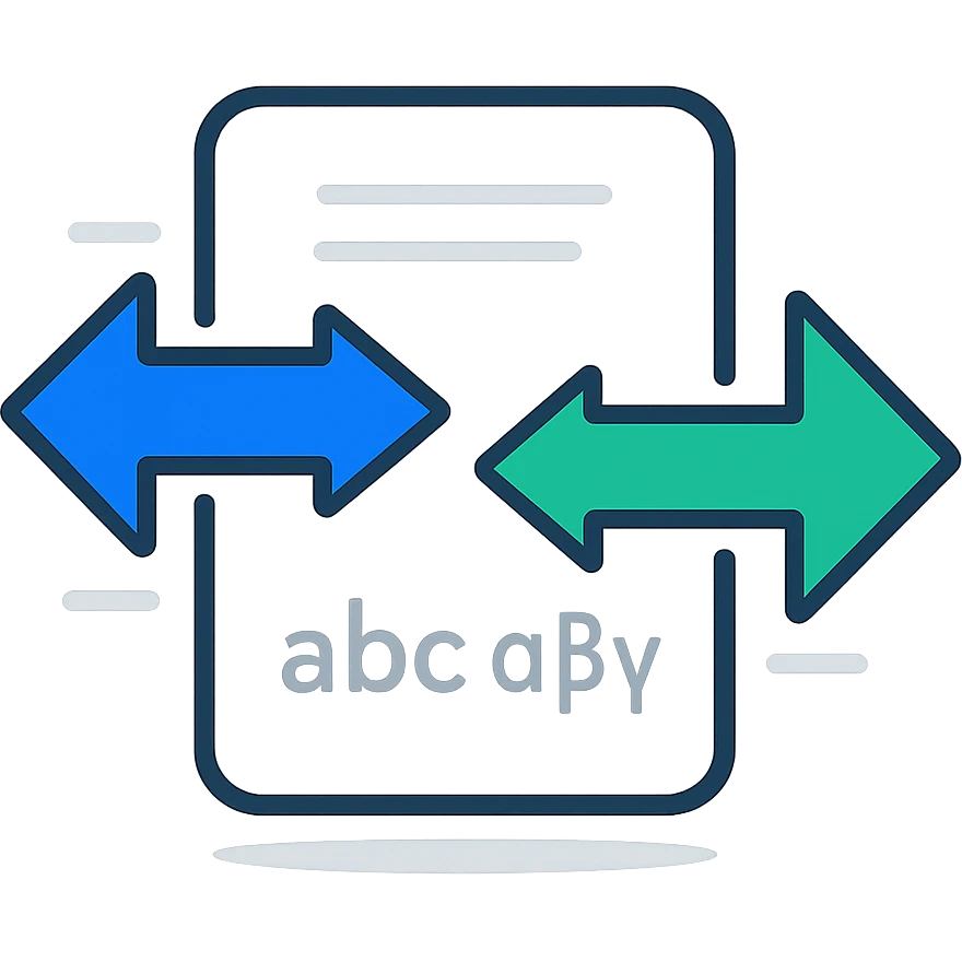 clean minimalist icon of a white rectangular paper sheet with softly rounded corners centered, two bold arrows emerging from its sides, left-to-right arrow in deep blue #2E5FFF, right-to-left arrow in vibrant green #00C781, arrows intersecting at midpoint symbolizing bidirectional language conversion, subtle horizontal lines or faint glyphs like 'abc...αβγ...' on the sheet hinting at multilingual text, arrows with solid triangle tips, uniform stroke widths, optional motion streaks or drop shadow for depth, professional and intuitive style suitable for academic or corporate translation tools emoji