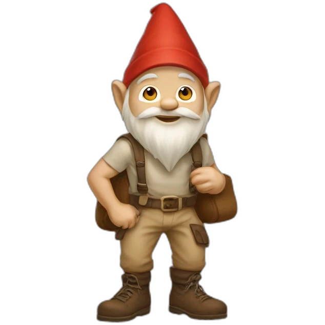 side view of gnome with light tan pants squatting on top of small brown bag emoji