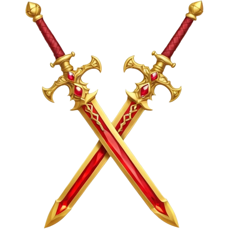 Two crossed swords that are golden in blade and handle and have fiery and royal appearence to them as well as red gem stones yellow in color emoji