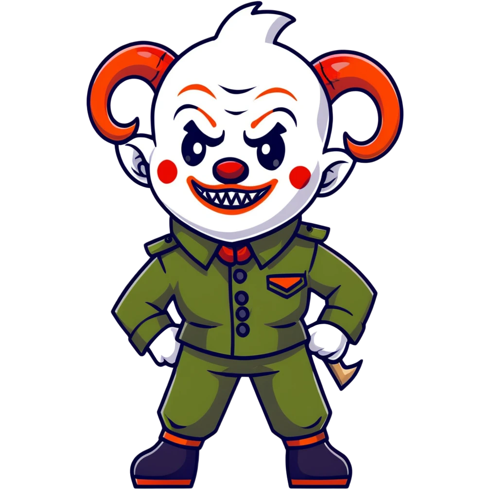 evil clown warrior, bald, short goat-like horns on forehead, fangs, pointed ears, black and military green leisure suit, battle-ready fighting posture emoji