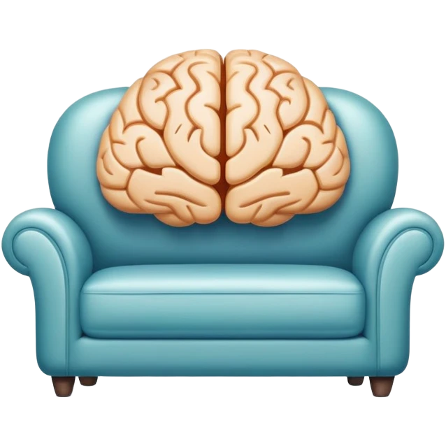 An icon featuring a brain, a couch, and a psychological test, symbolizing the study of psychology. The design includes abstract patterns representing the mind, with a calm, therapeutic setting in the background. Transparent background highlights the exploration of human behavior and mental health. emoji