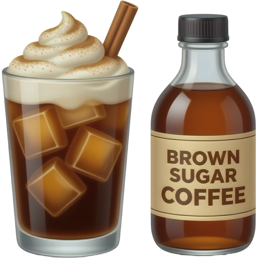 Brown sugar Iced coffee with brown sugar cold foam and cinnamon powder, and a coffee  syrup bottle that says brown sugar emoji