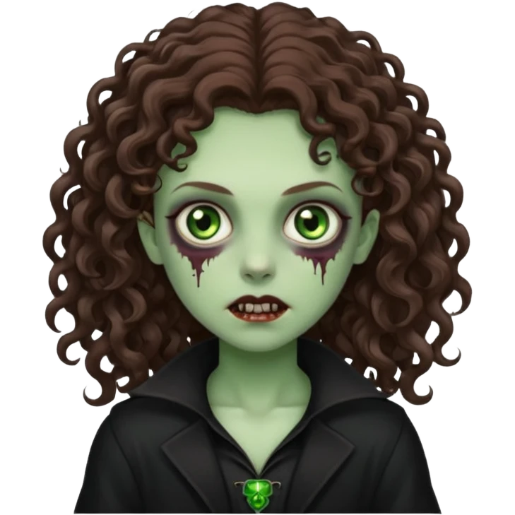 long curly haired zombie with brown hair color and green eye color, with dark vampire clothes emoji