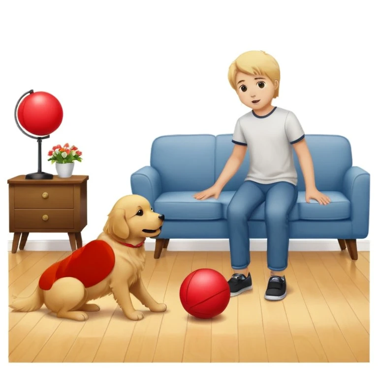 kid and dog playing with ball, living room background emoji