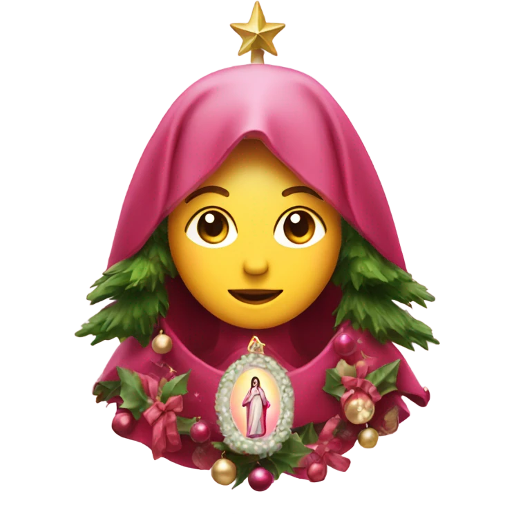 Christmas tree with pink and burgundy decoratio and Virgin Mary on top emoji