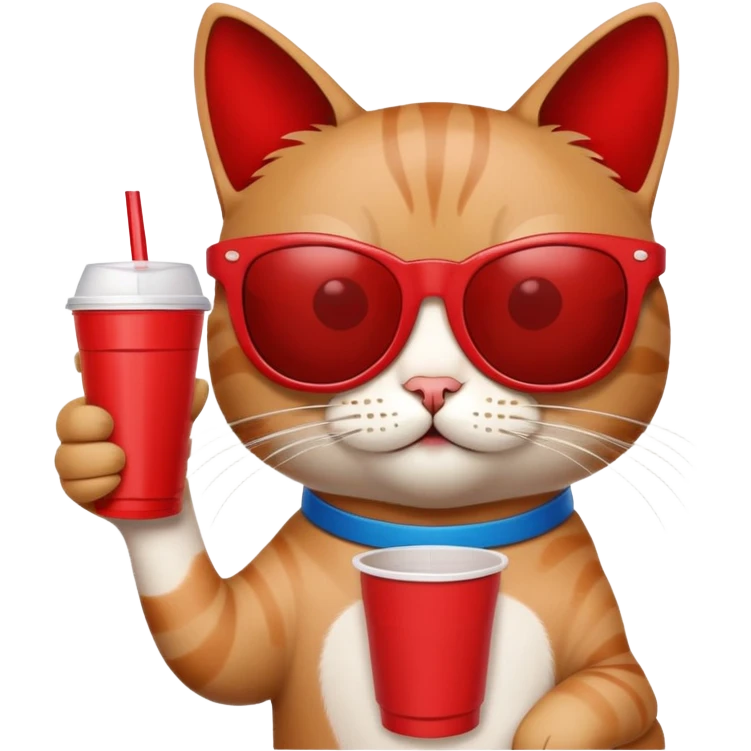 cat wearing sunglasses, holding a red solo cup, looking like it's at a college party emoji