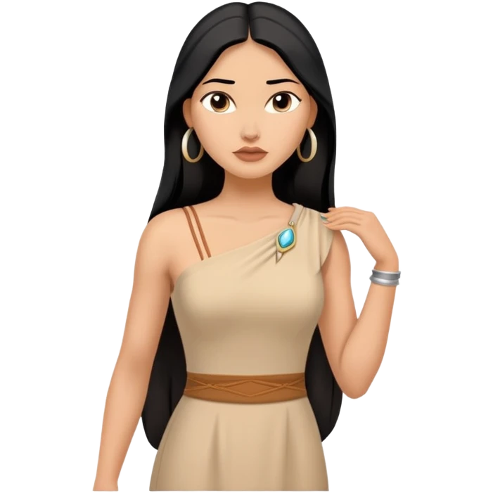 Pocahontas from hips up, tan dress with one shoulder, long black hair, minimal style but clearly recognizable emoji