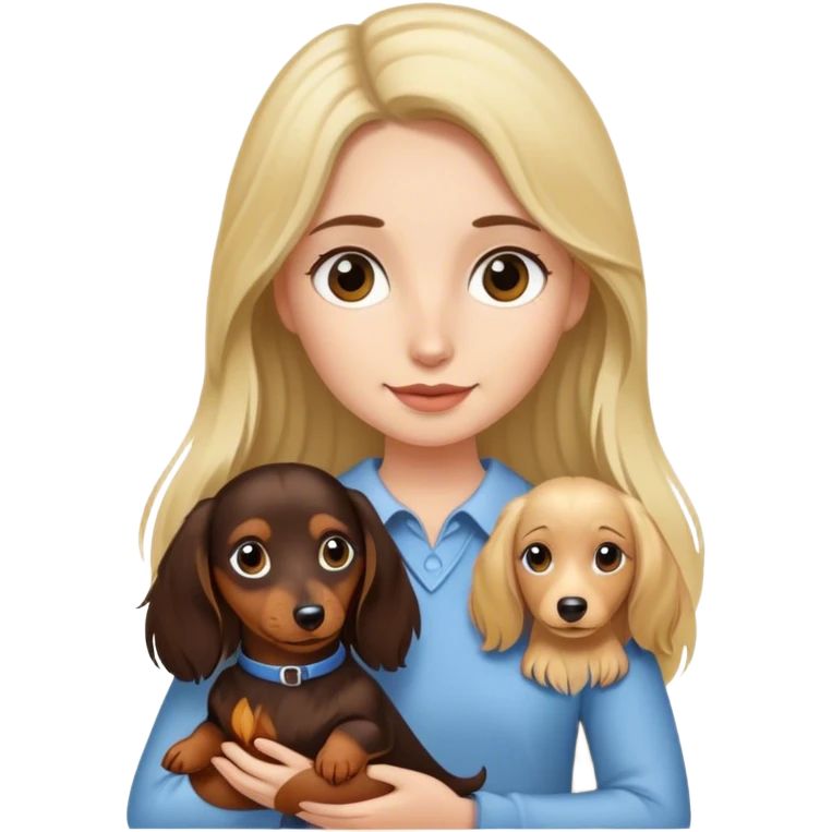 Girl with dark brown hair holding a long haired blonde dachshund  emoji