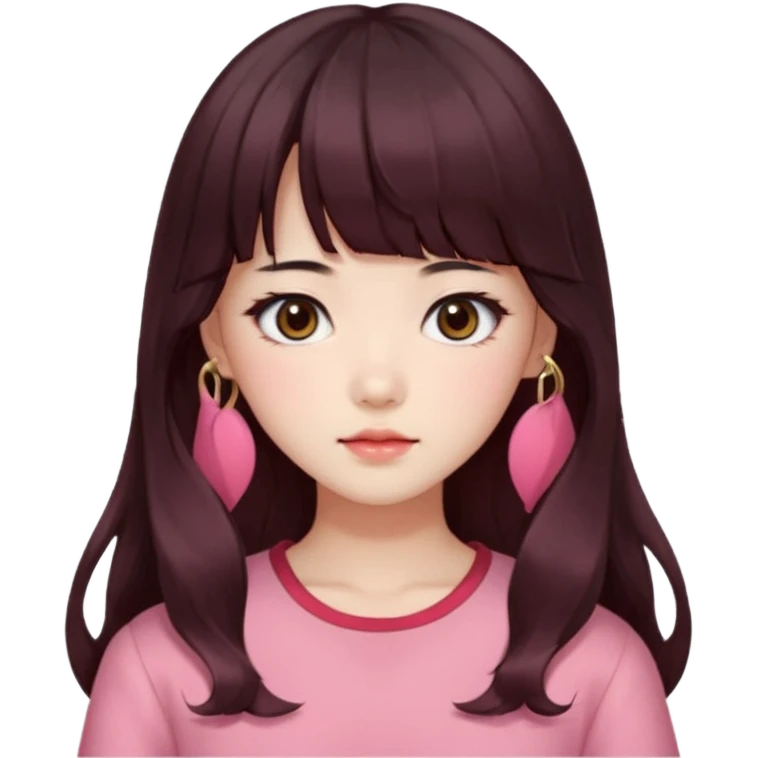 Korean girl, red top, black brown hair, brown eyes, long wavy hair, aesthetic, long hair, hime cut, blunt bangs, pink girl emoji