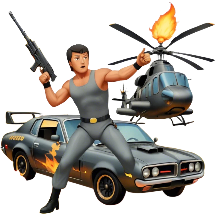 Icon for Action Movie: A vintage movie poster-style design featuring intense action scenes with explosions, weapons, and dramatic poses of Stallone. Include cars and helicopters flying out of flames in the background. Bold typography and retro cinematic style. Transparent background. emoji
