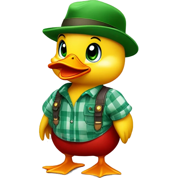 cute fluffy chubby baby duck with hand and wear green hat and red checkered shirt and jeans jumpsuit emoji