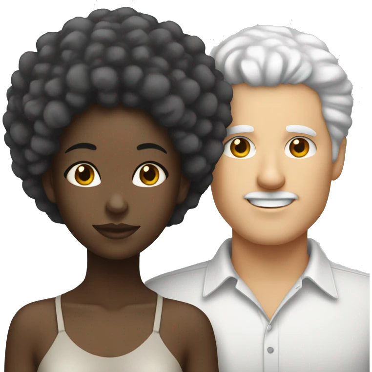 Black girl with Afro and white guy with gray hair couple  emoji