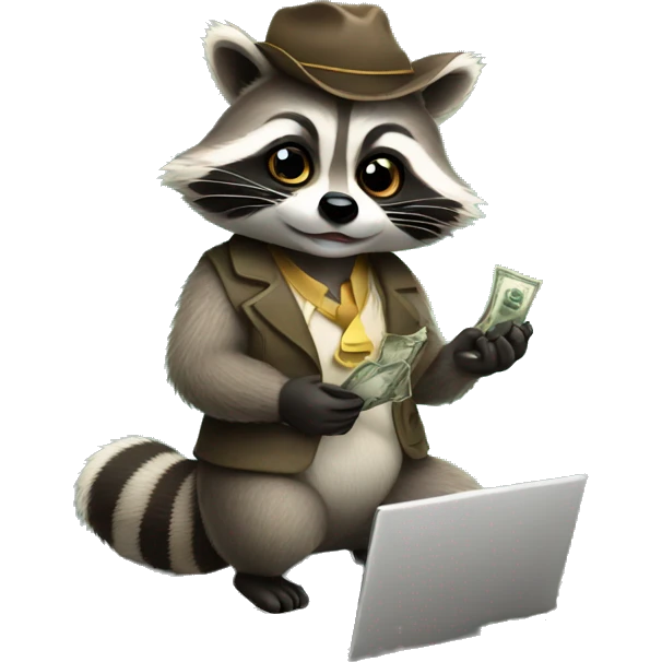 rich raccoon with laptop and money in hand emoji
