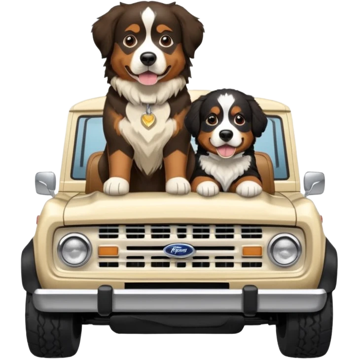 Cream colored ford bronco with no roof and an adult Bernese mountain dog in the seat emoji