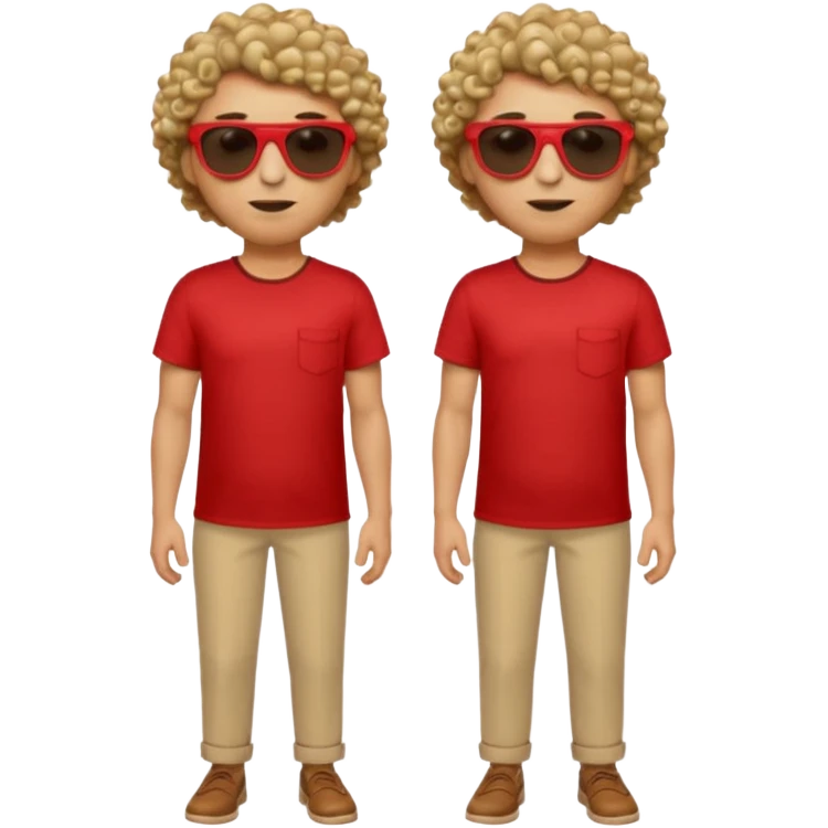 Emoji-style man in a red untucked shirt with rolled sleeves, beige trousers, and sunglasses. Short curly box-cut hair, long triangular face. Looking sideways, removing sunglasses with one hand, the other on his waist. emoji