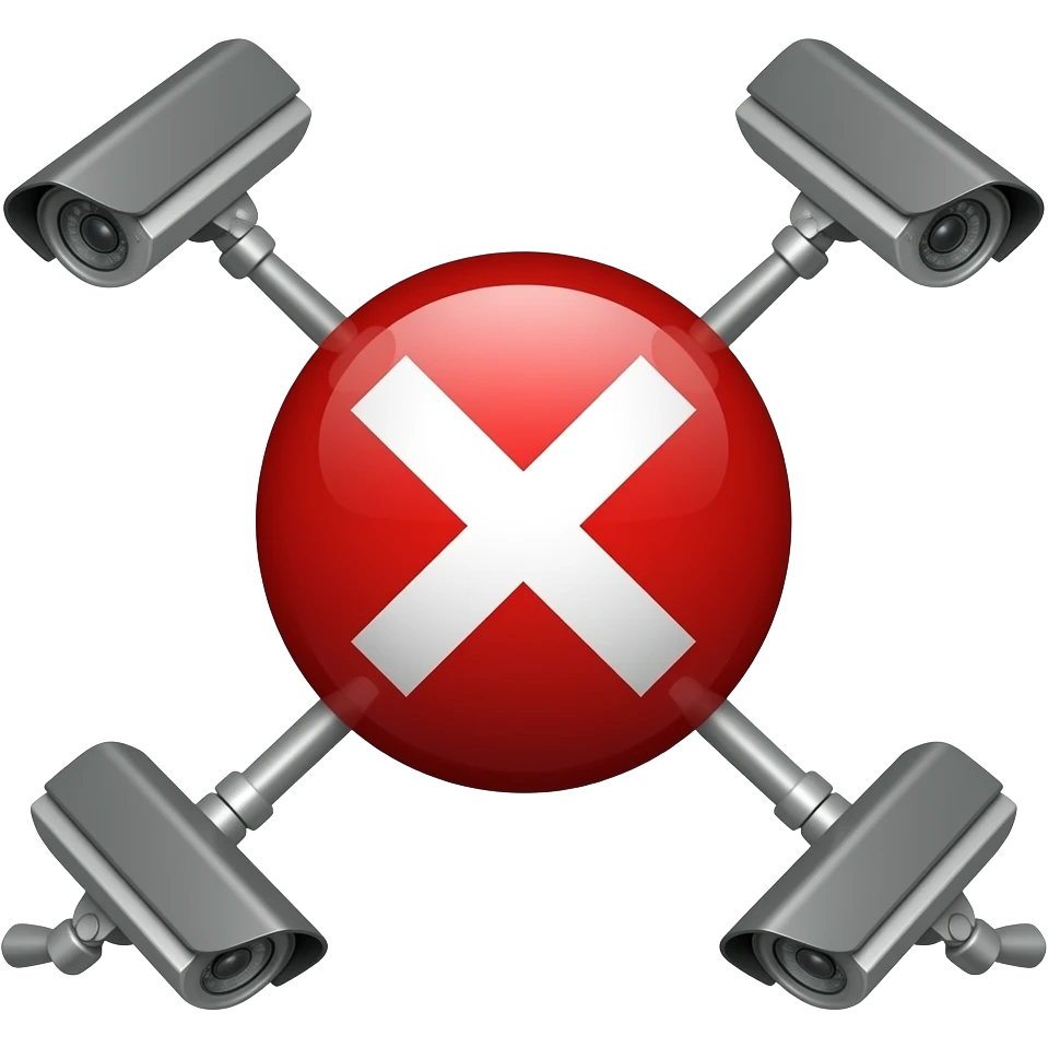 Red filled circle with white X, CCTV on end points of X emoji