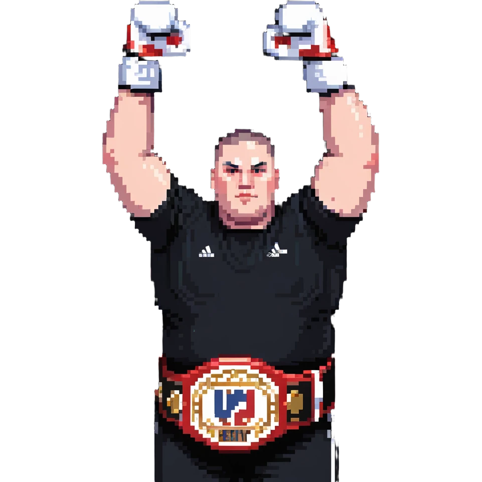 white man with dark hair, dark eyes, buzzcut faded haircut, overweight 100kg boxer, chubby face, stocky build, wearing full black clothes, black adidas boxing gloves, victory pose with arms raised, holding championship belt, upper body only no legs visible, highly pixelated emoji