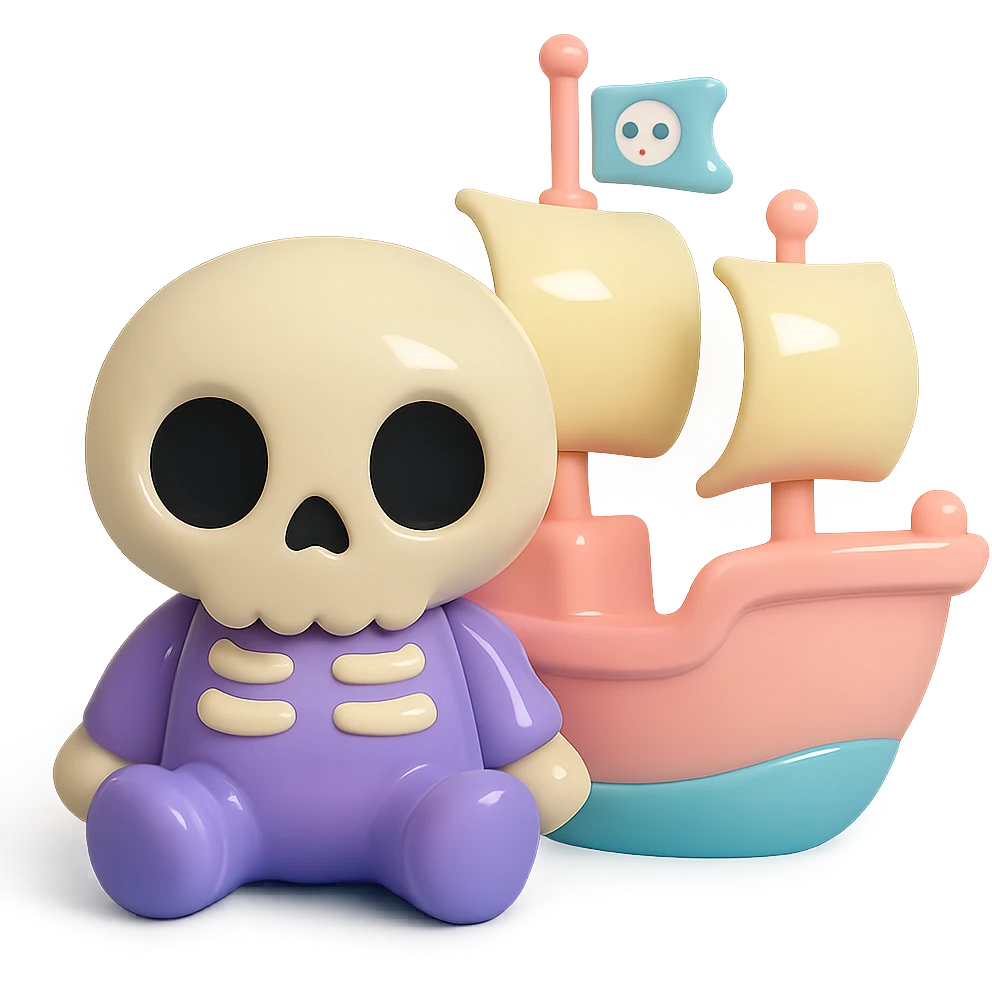cartoon pirate ship with sails, smooth glossy pastel colors, designer toy aesthetic, vinyl figure style emoji