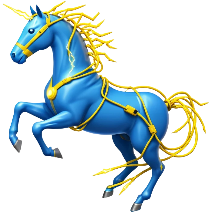 yellow fast electric horse made of electricity, bolts, visible yellow wires, lightning, blue electricity accents, dynamic running pose emoji