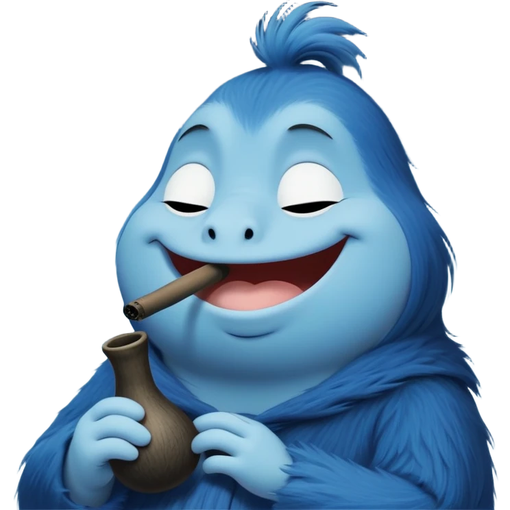 Cute emoji-style illustration of Morra (The Groke) from Moominvalley, smiling softly with closed eyes, holding a small smoking pipe. Her usual gloomy appearance is softened — dark blue or purple fur, round friendly face, tiny paws clutching the pipe. Wisps of smoke curl upward, adding a cozy vibe. Cartoonish, simple lines, vibrant colors, transparent background. Playful and whimsical, fitting Moomin's fairytale aesthetic. emoji