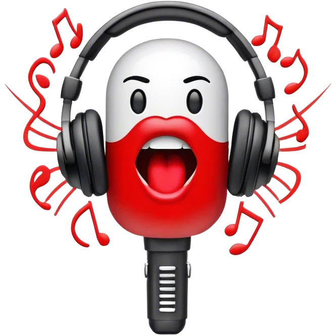 Create a dynamic and energetic emoji that represents beatboxing. The design should feature a stylized microphone with lips and sound waves emanating from it, symbolizing vocal percussion and rhythm. Add elements like headphones or a subtle speaker to emphasize the music production aspect. Use bold colors like black, white, and red to convey the intensity and creativity of beatboxing. The background should be transparent. emoji