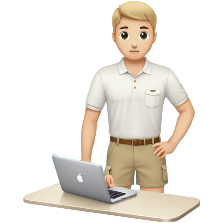 Pool attendant supervisor. white polo shirt. khaki shorts. on the computer emoji