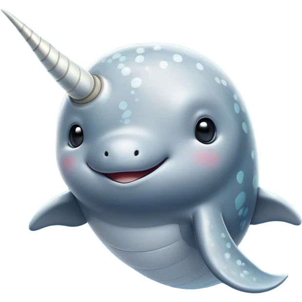 Cinematic Noble Cute Narwhal Portrait Emoji, Poised and graceful, with a streamlined, gently curved body clad in mottled, silvery-gray skin, accented by a long, spiraled ivory tusk and wide, expressive eyes radiating playful intelligence, Simplified yet sharp and sophisticated features, highly detailed, glowing with a cool, frosted ocean glow, high shine, intelligent and enigmatic, stylized with an air of whimsical marine majesty, focused and graceful, soft glowing outline, capturing the essence of a watchful and confident cute narwhal that appears ready to glide out of the screen with effortless charm! emoji
