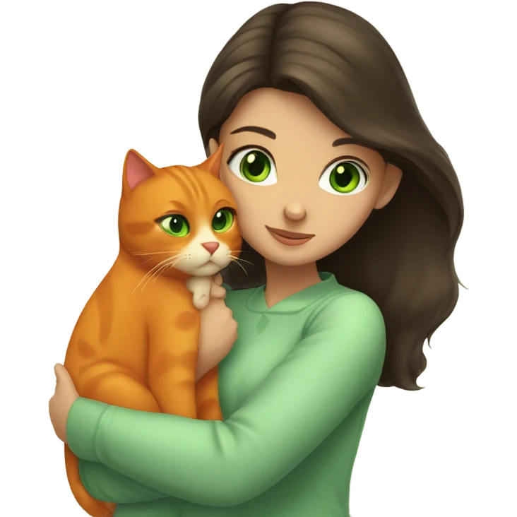 Beautiful Brunette girl with green  eyes hugging orange cat with green eyes  emoji