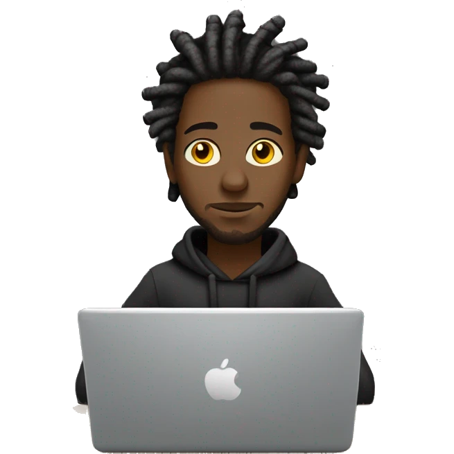 Black-guy-with-dreads-wearing-black-trackstuit-sitting-down-on-chair facing-foward-focused-on-laptop-computer- emoji