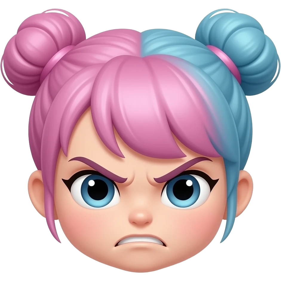 Can you make a chibi girl that has pink and blue has buns hair and the hair is in buns and has a angry face emoji