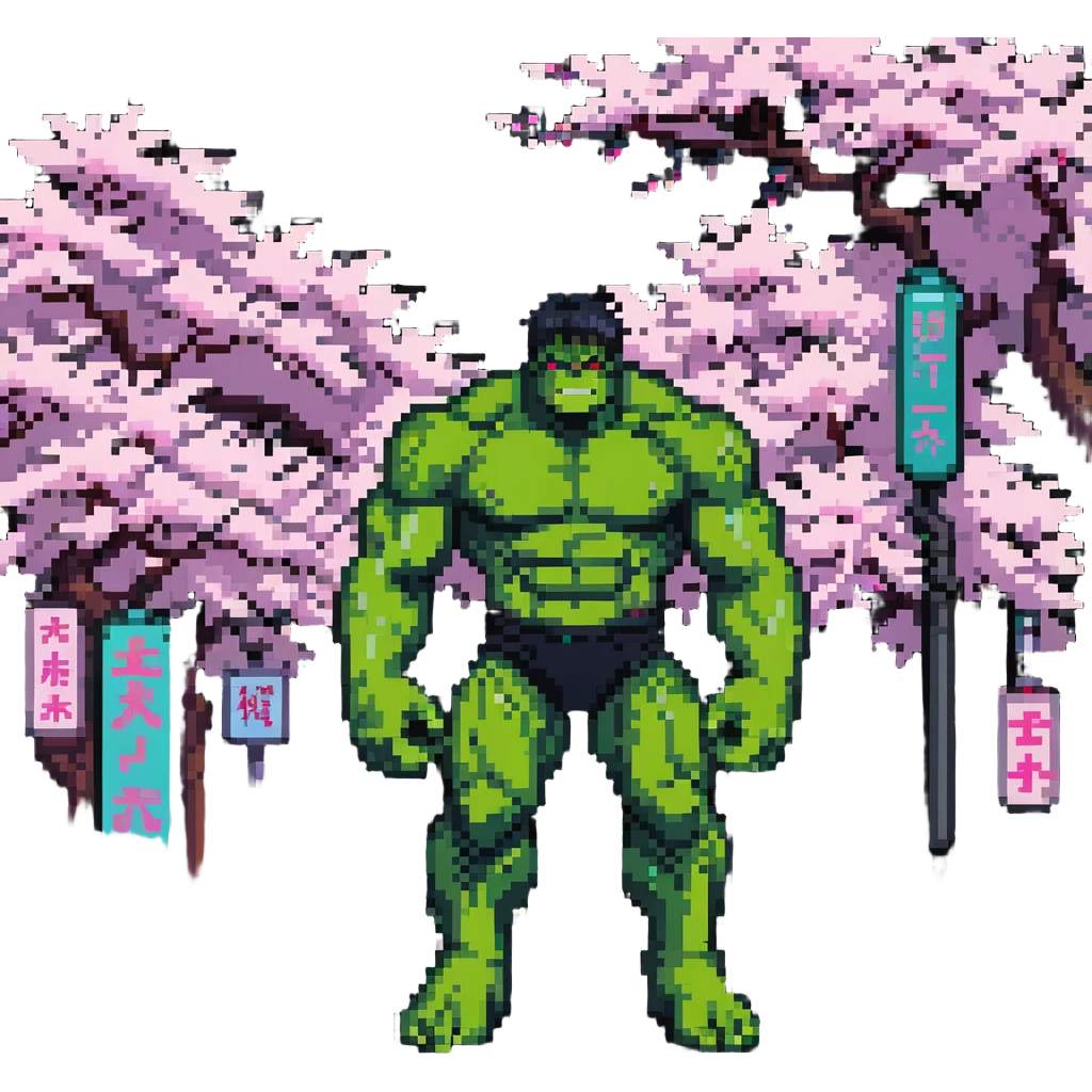 the Hulk standing in a Japanese city with cherry blossoms and neon signs emoji