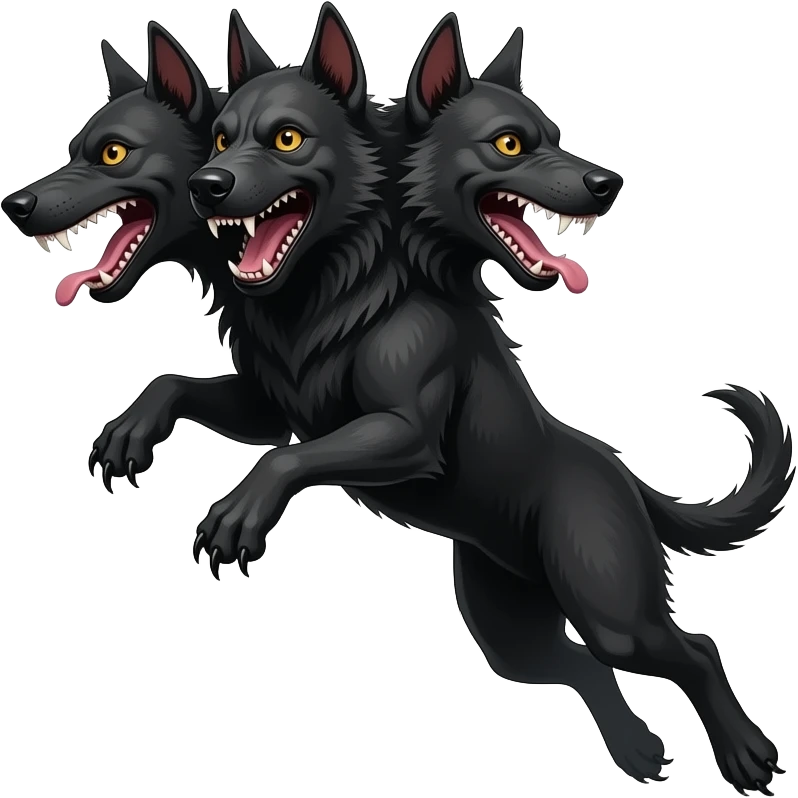 cinematic - cerberus, a three-headed creepy black hellhound in a jump, in a smoke emoji