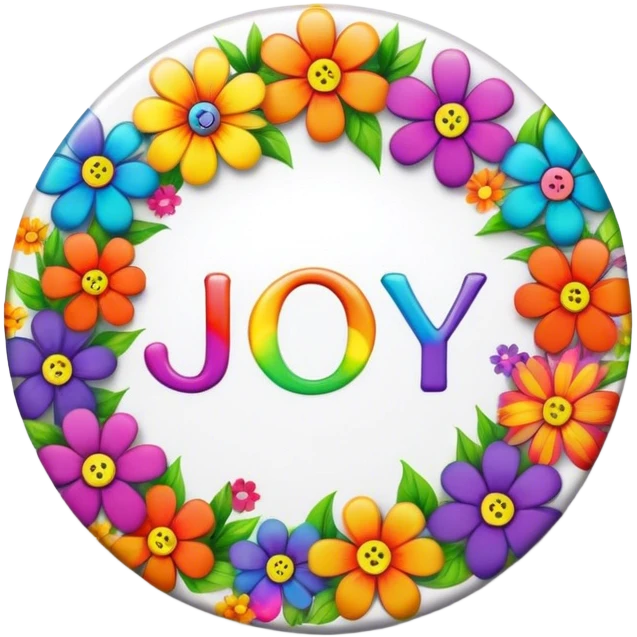 A round psychedelic colored button that says joy with rainbow colored hippie style flowers emoji