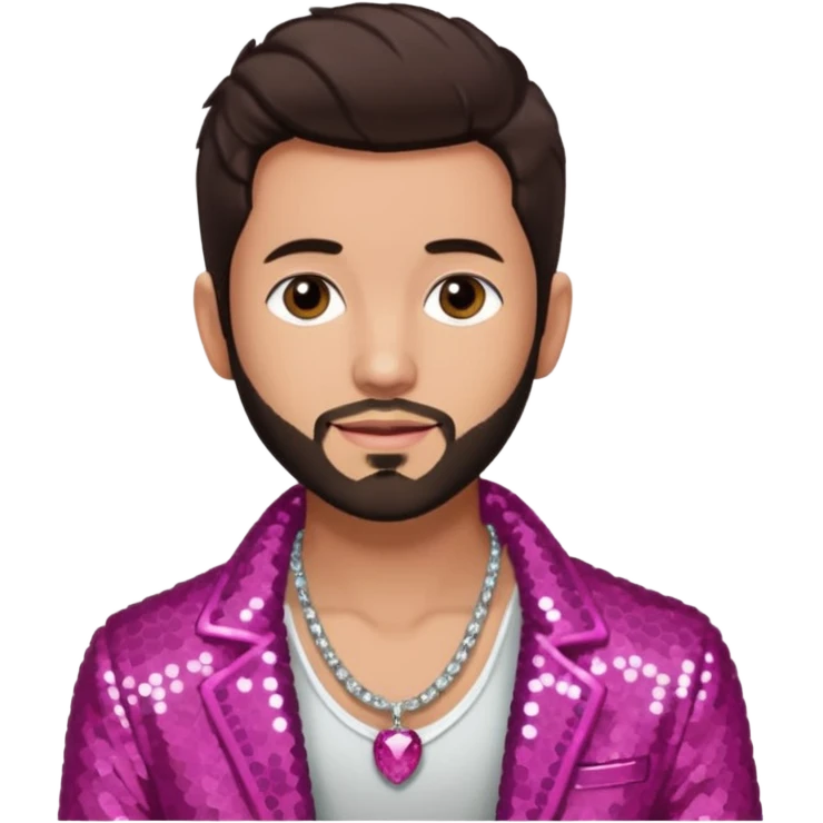 Frankie Zulferino, Pop Singer (b.1990) with dark brown hair and short beard, dark pink sequin jacket, light tan skin, shirtless with necklace emoji