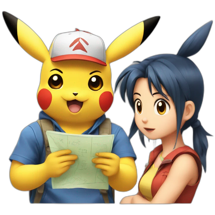 pikachu, ash and misty discussing a math problem in bad terms emoji