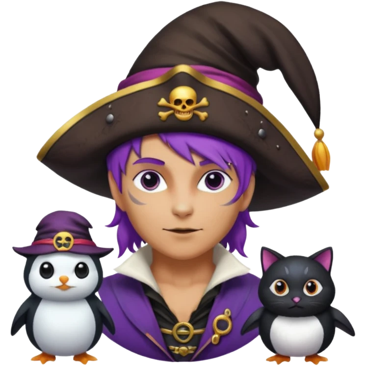 Um homem vestido de pirata,um gato de mágico,uma mulher de cabelos roxos e um pinguin vestido de bruxa emoji