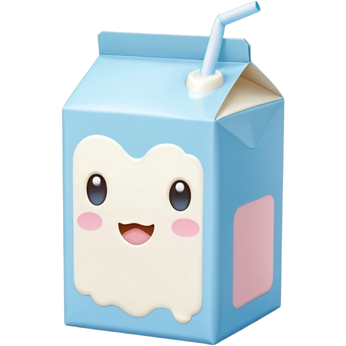 Cute Kawaii Milk Carton, small and boxy, bright pastel blue and white, blushing cheeks, a tiny straw poking out, soft glowing highlights, adorable farm-fresh cuteness! emoji