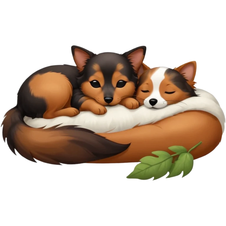 Calico cat with black nose sleeping near a black and brown nose dachshund dog     emoji