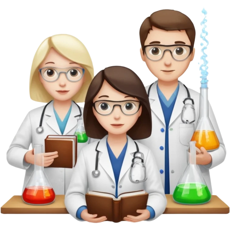 The team of three scientists is waist-deep, surrounded by chemical flasks and books emoji