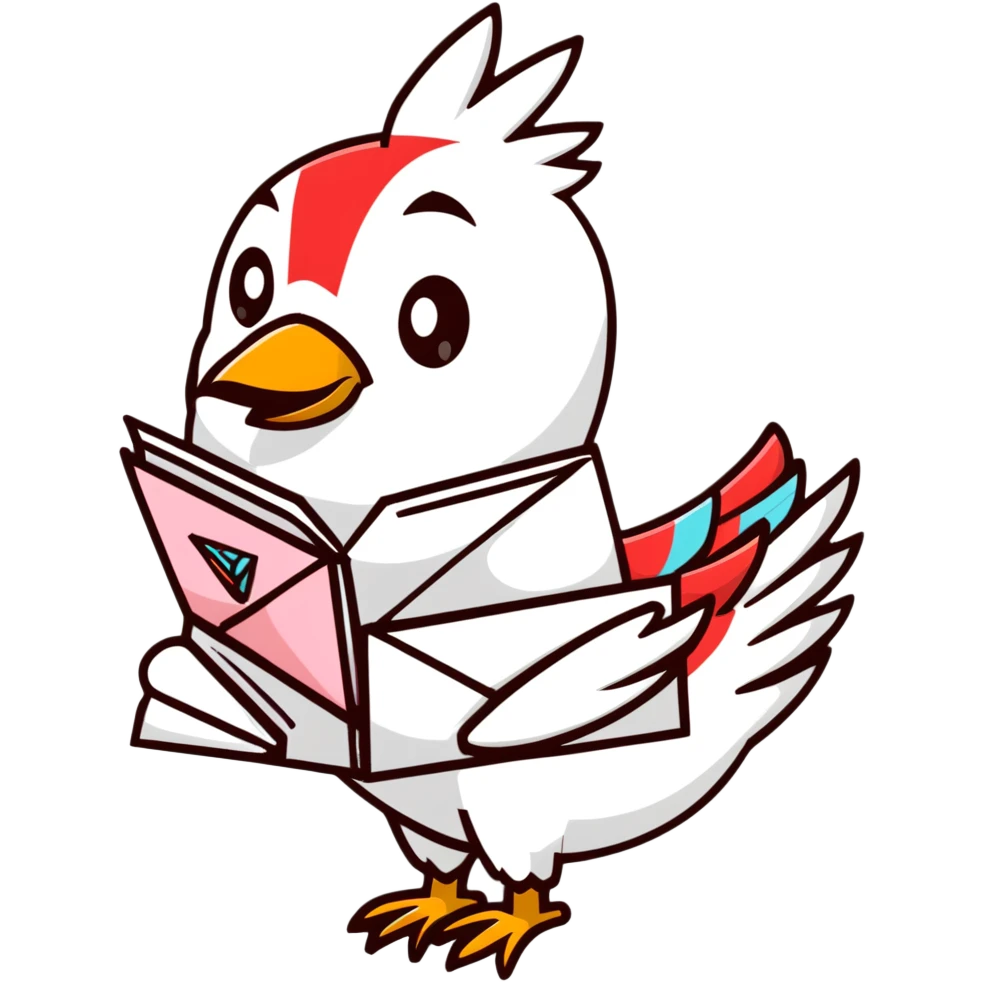 Mayan style bird carrying mail, love letter with heart, envelope with message, all with clean geometric lines emoji