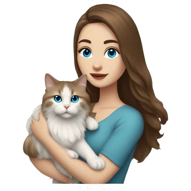woman with long brown hair and holding a all white Siberian cat with blue eyes emoji