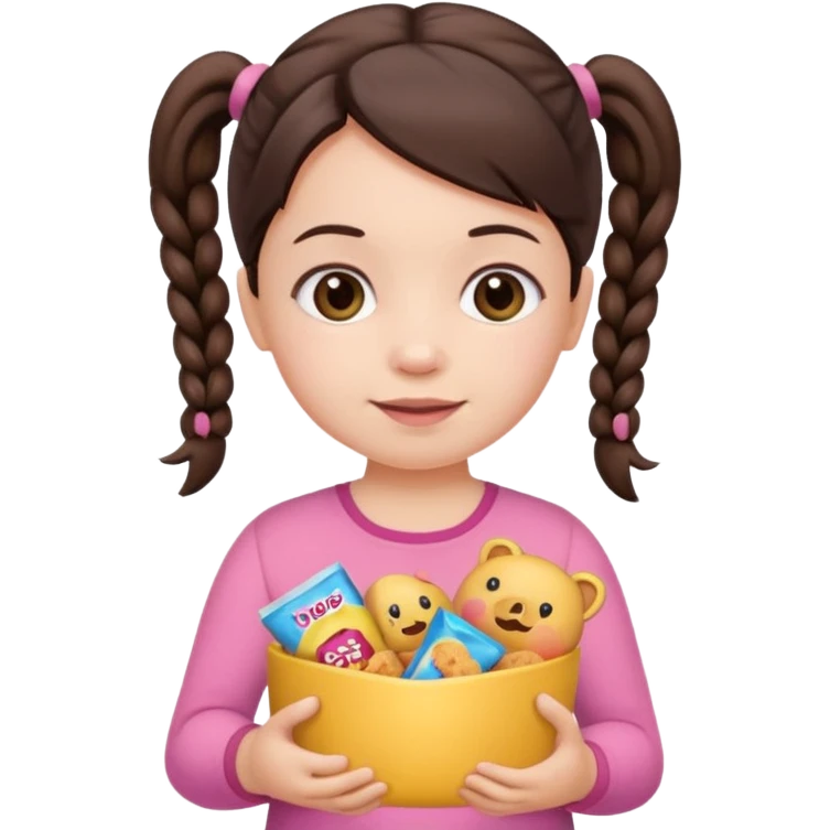 Cute small Toddler emoji with two pigtails dark brown hair, fair skin, in pink top, holding toddler snacks emoji