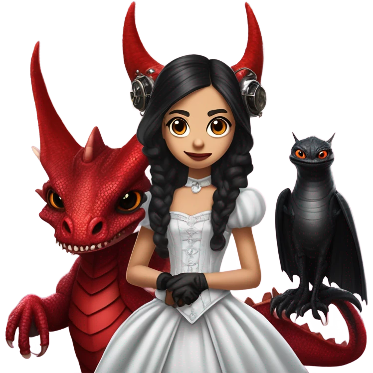 surprised Lavish Victorian evening gown with gloves, Jenna Ortega as Addams girl Jedi wearing a steampunk mini tiara, very large blood red evil-looking horned dragon emoji