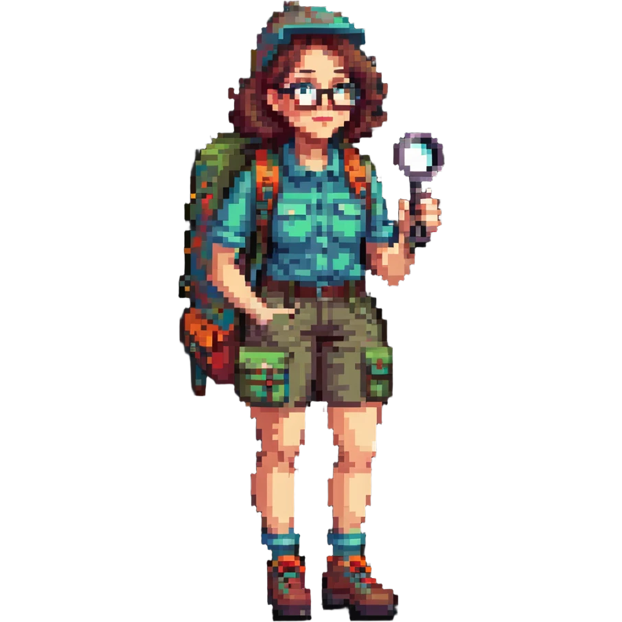 Happy woman explorer in her 40s with glasses, colorful retro hiking outfit, backpack, holding one magnifying glass, detailed pixel art emoji