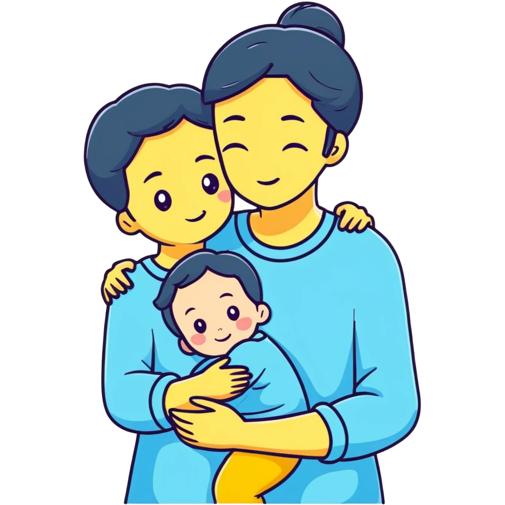 mother hugging daughter with pastel blue background and clothing emoji