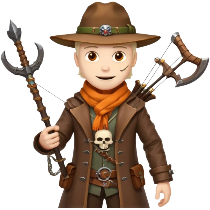 male human monster hunter emoji, wearing brown leather coat and wide hat, holding crossbow, with amulet shaped like skull, Halloween fantasy theme, confident smile, orange scarf, Apple emoji style, clean white background, square image emoji