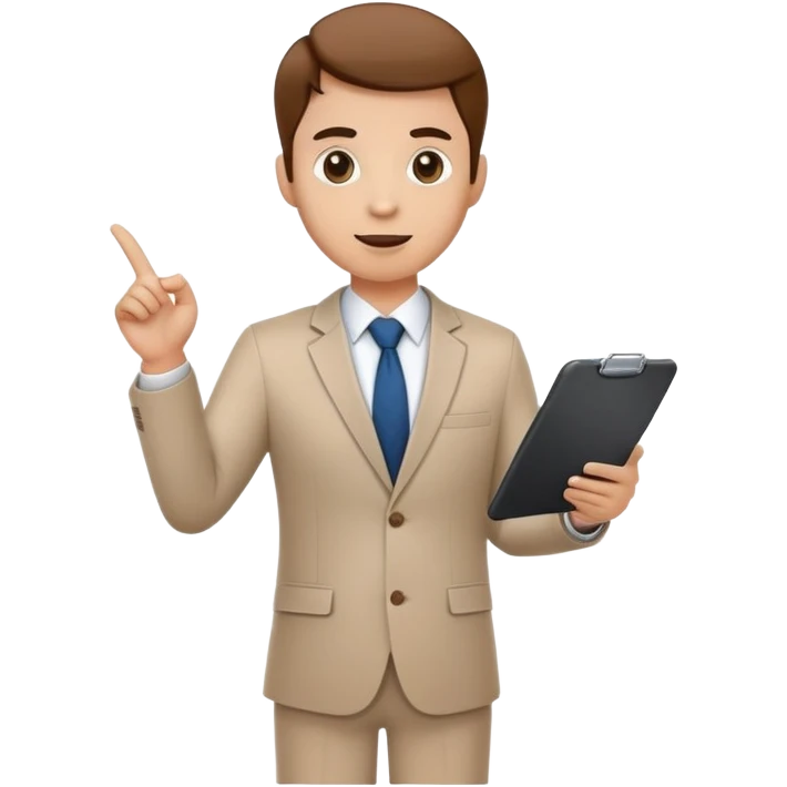 professional character standing and gesturing with one hand, while holding a clipboard or tablet in the other. The character wears smart casual business attire. emoji