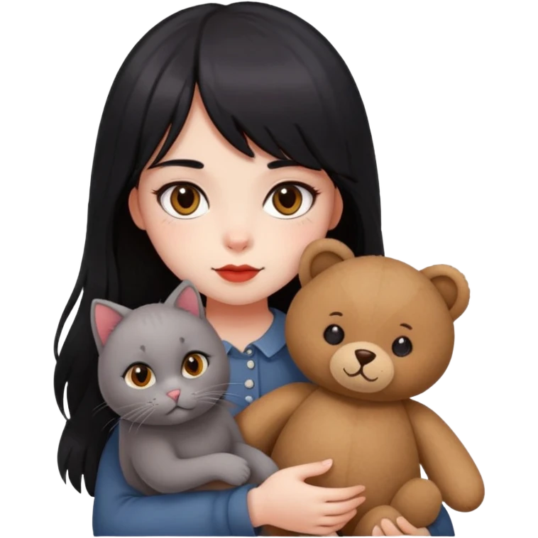 girl,drak eyes, red cheeks, black long hair with a bang, white face, holding a British gray cat and a brown teddy bear emoji